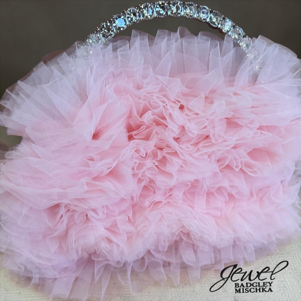 Jewel Badgley Mischka JAZZIE Pink Ruffle Evening Clutch with Crystal Handle NEW!